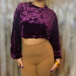 Deep Purple Crushed Velvet Balloon Sleeve Crop Top